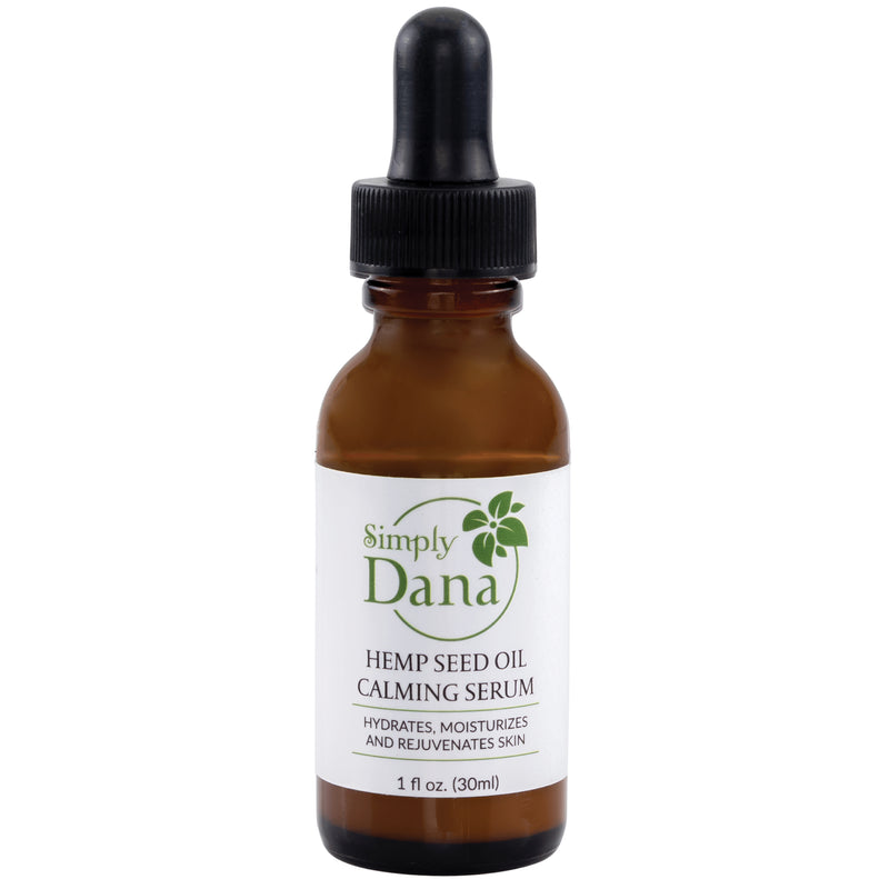 A bottle of hemp seed oil calming serum by Simply Dana.