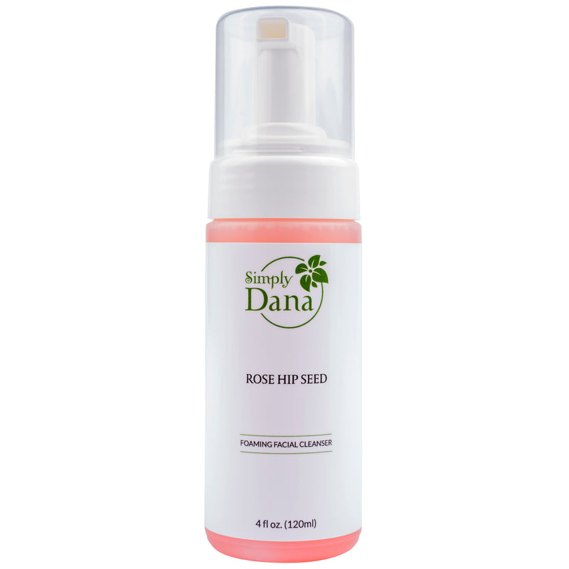 A container of rose hip foaming facial cleanser by Simply Dana.