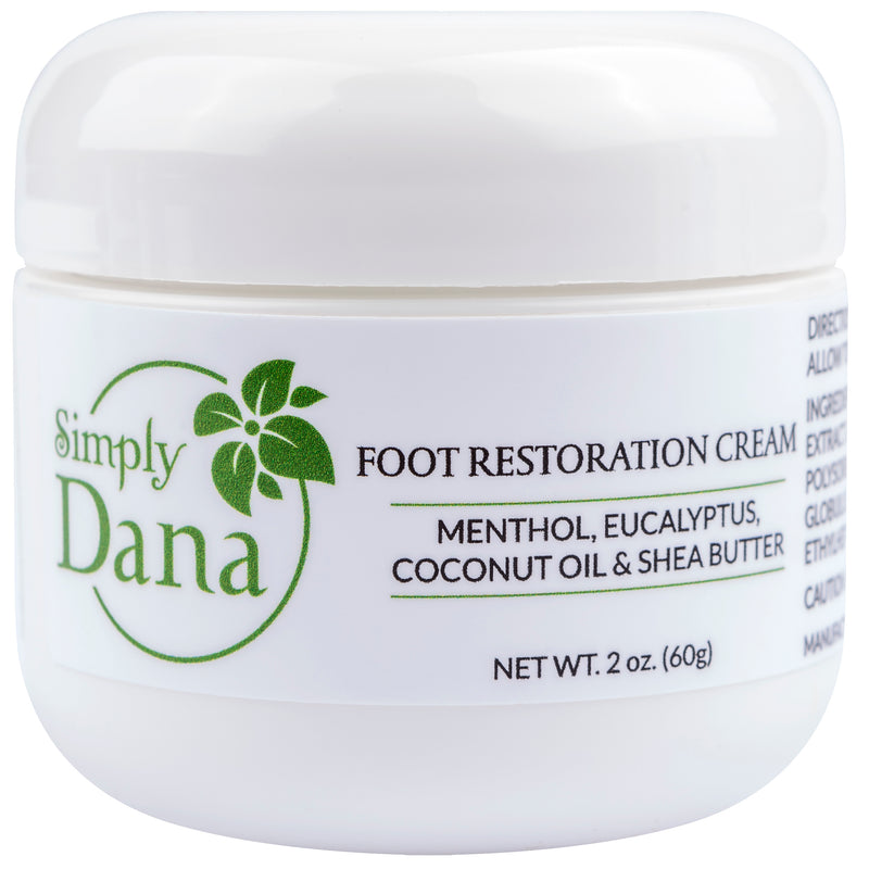 A jar of foot restoration cream by Simply Dana.